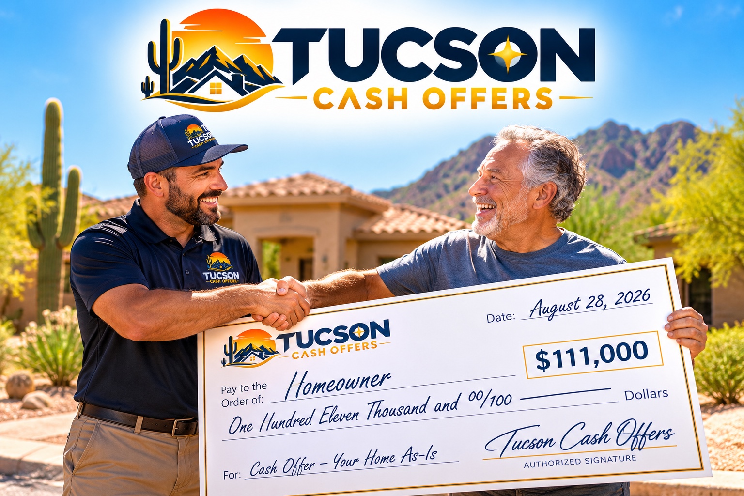 Tucson Cash Offers — Fair Cash Offers for Tucson Homes Tucson Cash Offers representative handing a check to a smiling Tucson homeowner with Santa Catalina mountains in the background