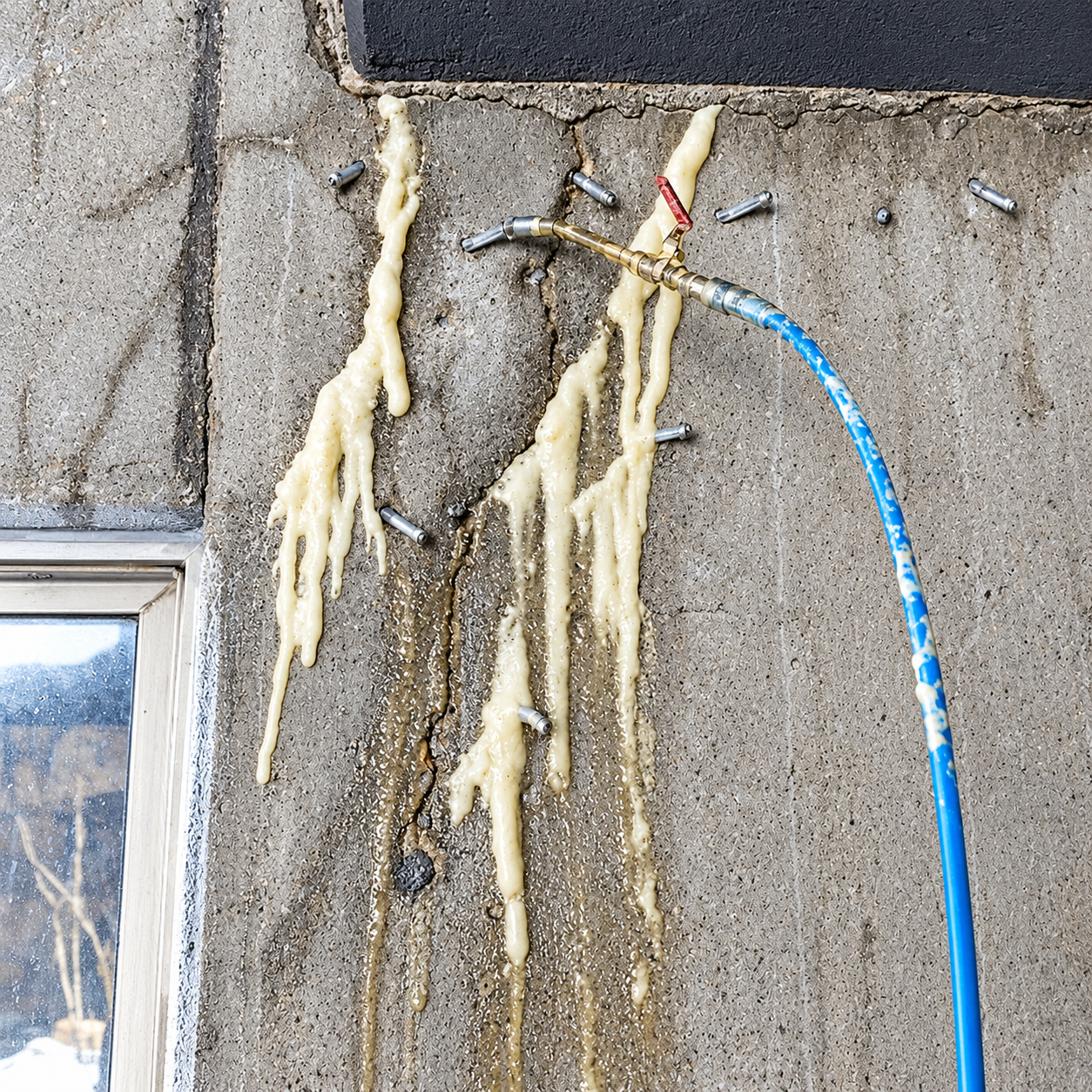 Injection material expanding from a concrete wall crack during leak-sealing work