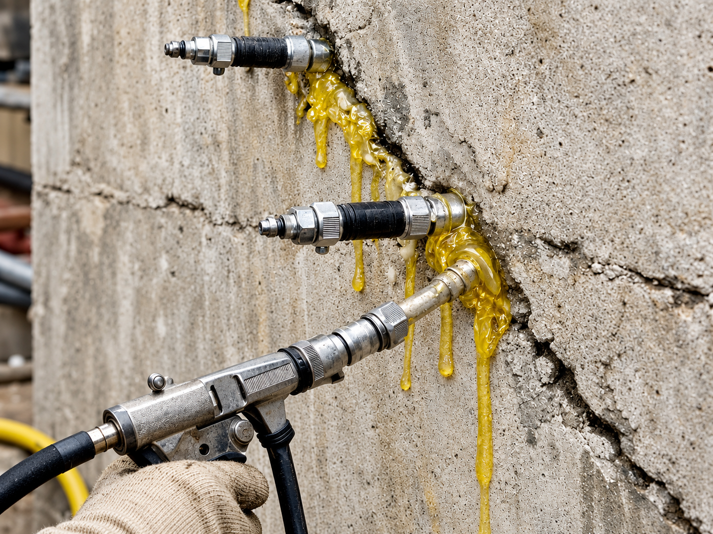 Mechanical injection packers installed along a crack in a concrete wall during resin injection.