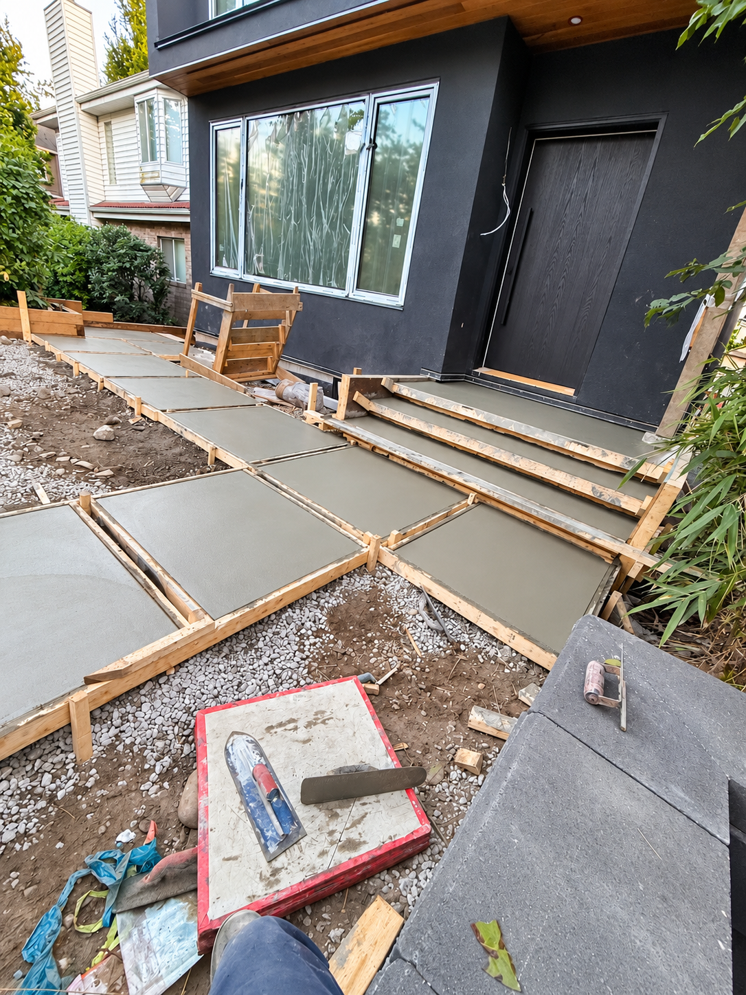 Close view of decorative stamped concrete stairs with black metal railings.