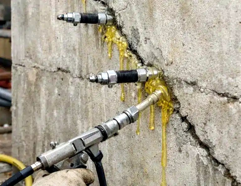 Close-up of resin injection at a concrete crack during leak-sealing work