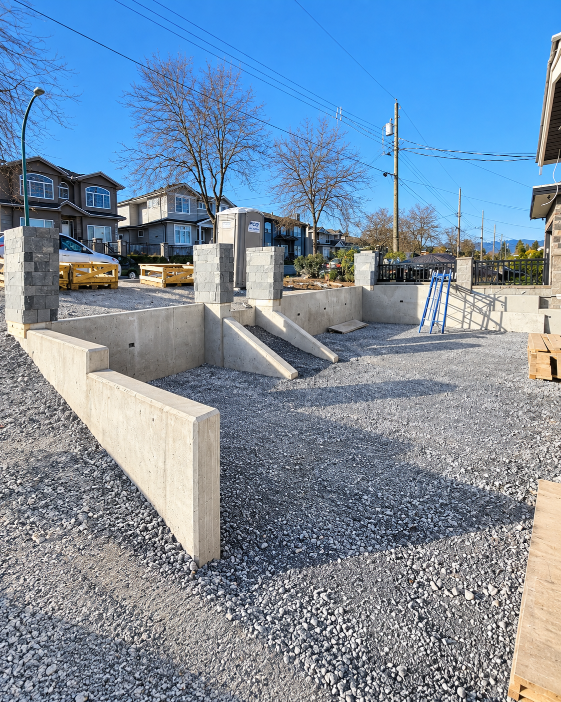 Prepared residential construction site with compacted base and completed concrete foundation work