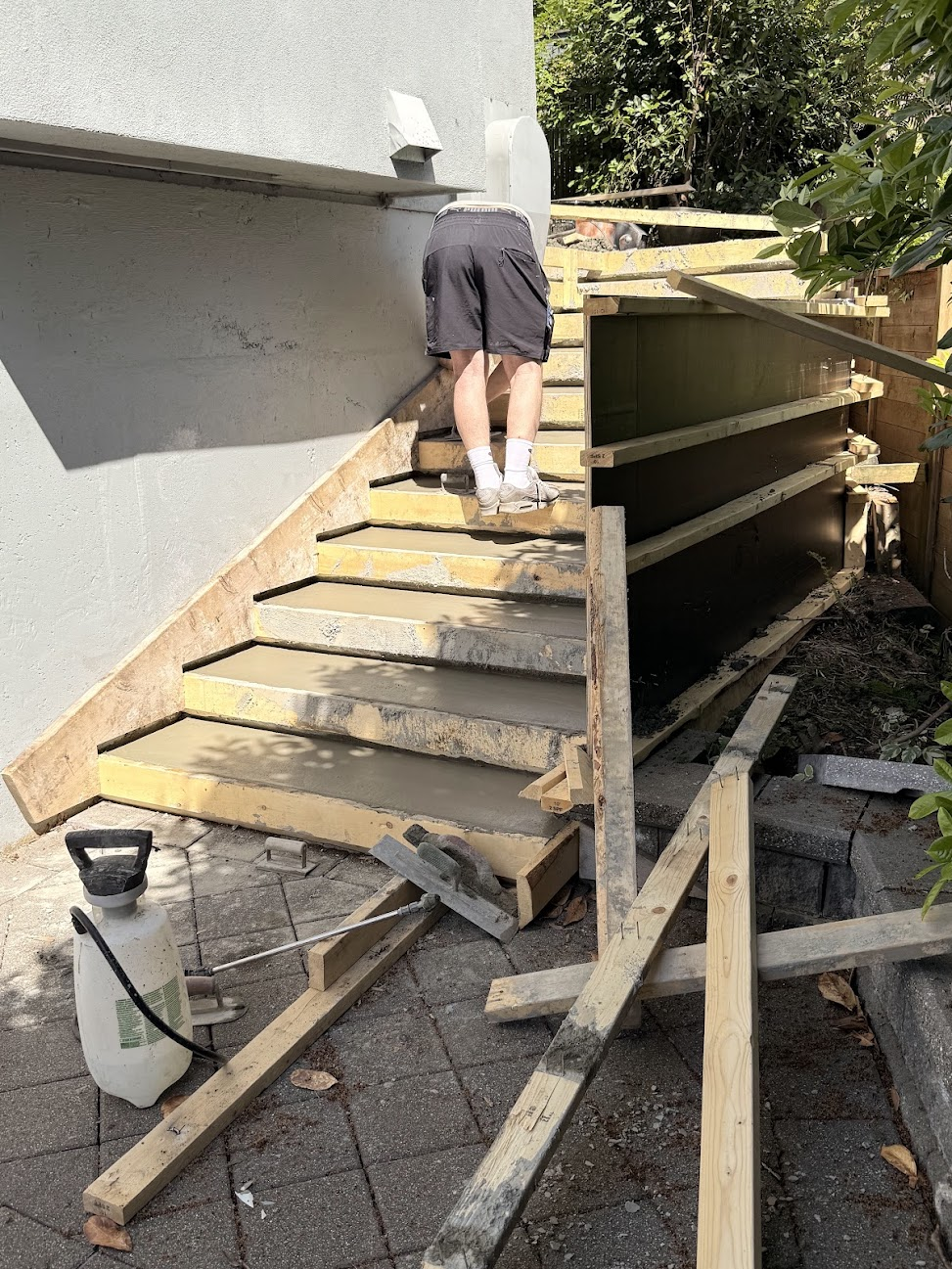 Timber formwork for concrete stairs during construction