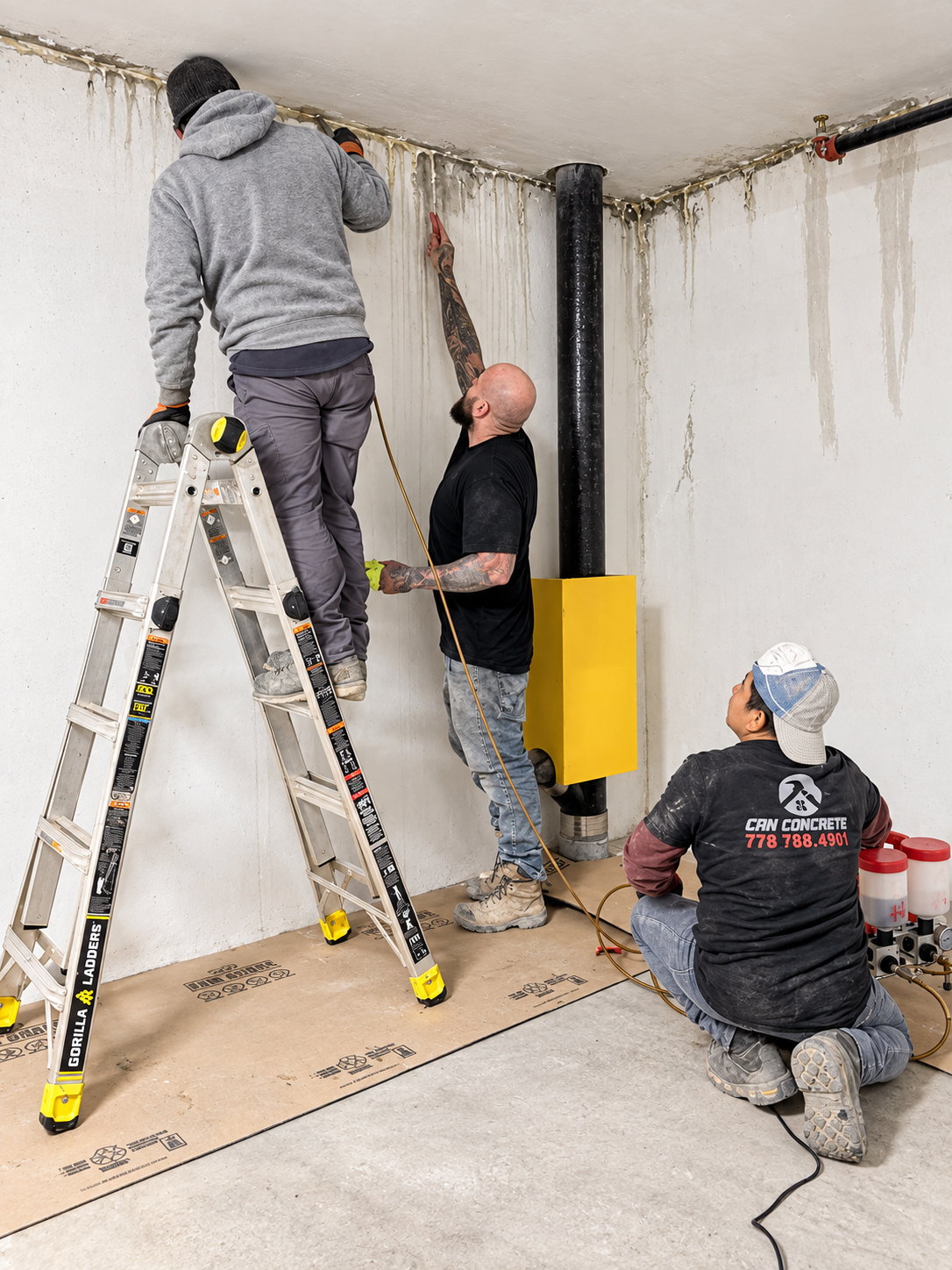 Can Concrete crew working on an interior concrete leak area along a wall and ceiling joint