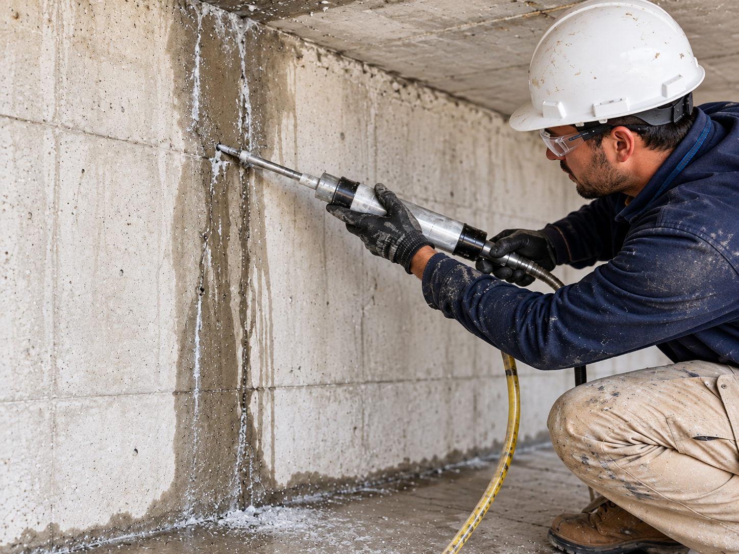 Technician injecting a leaking crack in a concrete wall