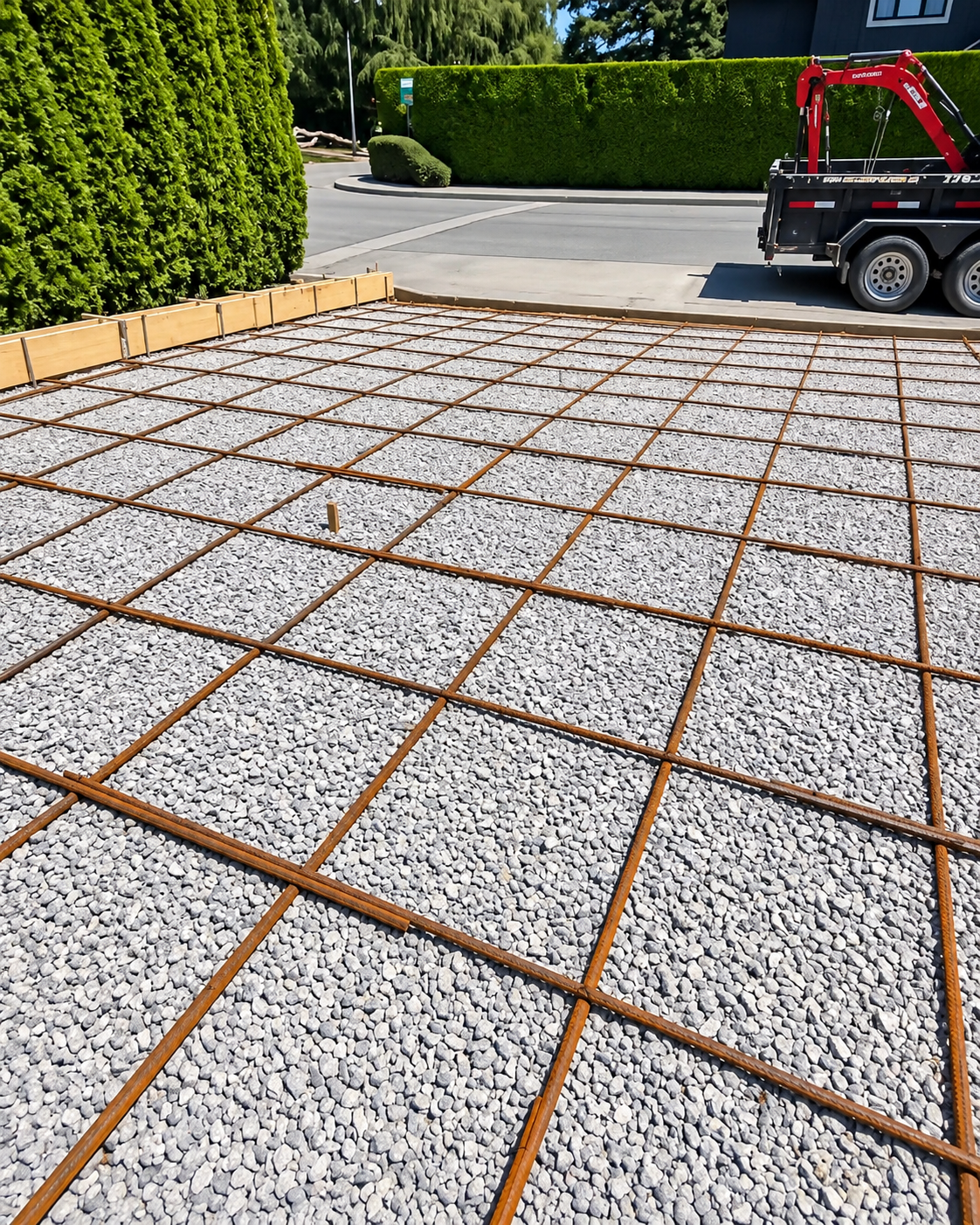 Reinforcement installed over prepared granular base before concrete placement