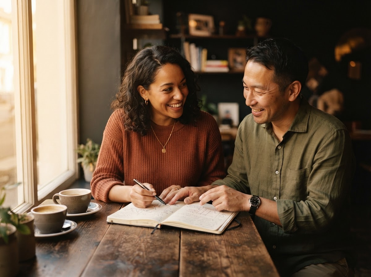 Two people collaborating generously over a notebook