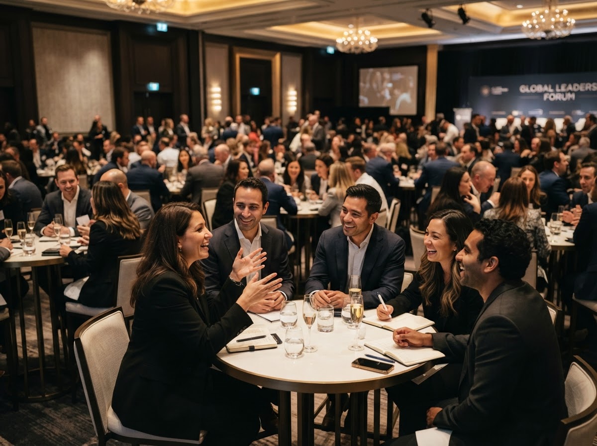 An elegant live event venue with round tables
