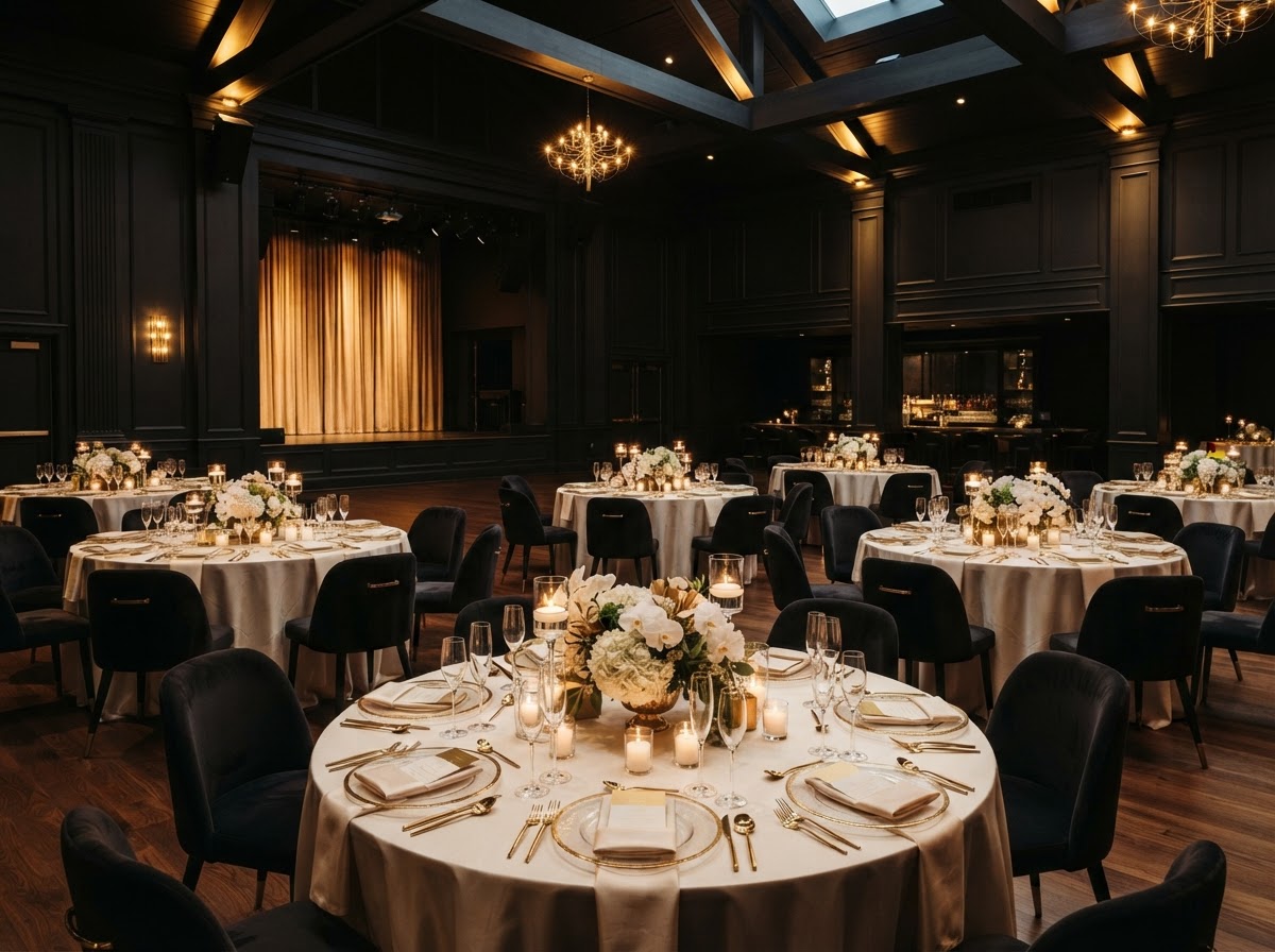 A representative elegant live event venue with round tables
