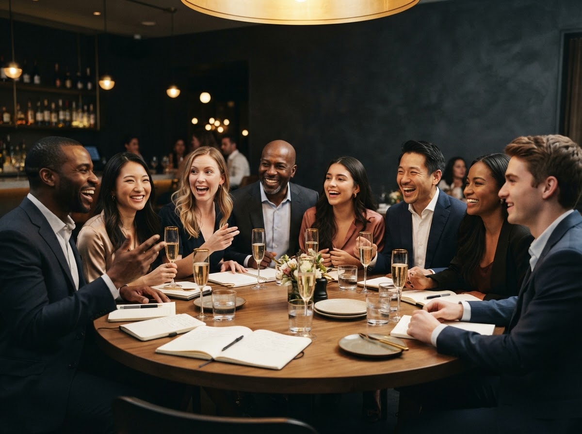 Eight participants in generous conversation around a round table