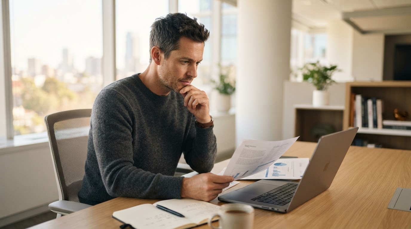 [YOUR NAME] reviewing business documents