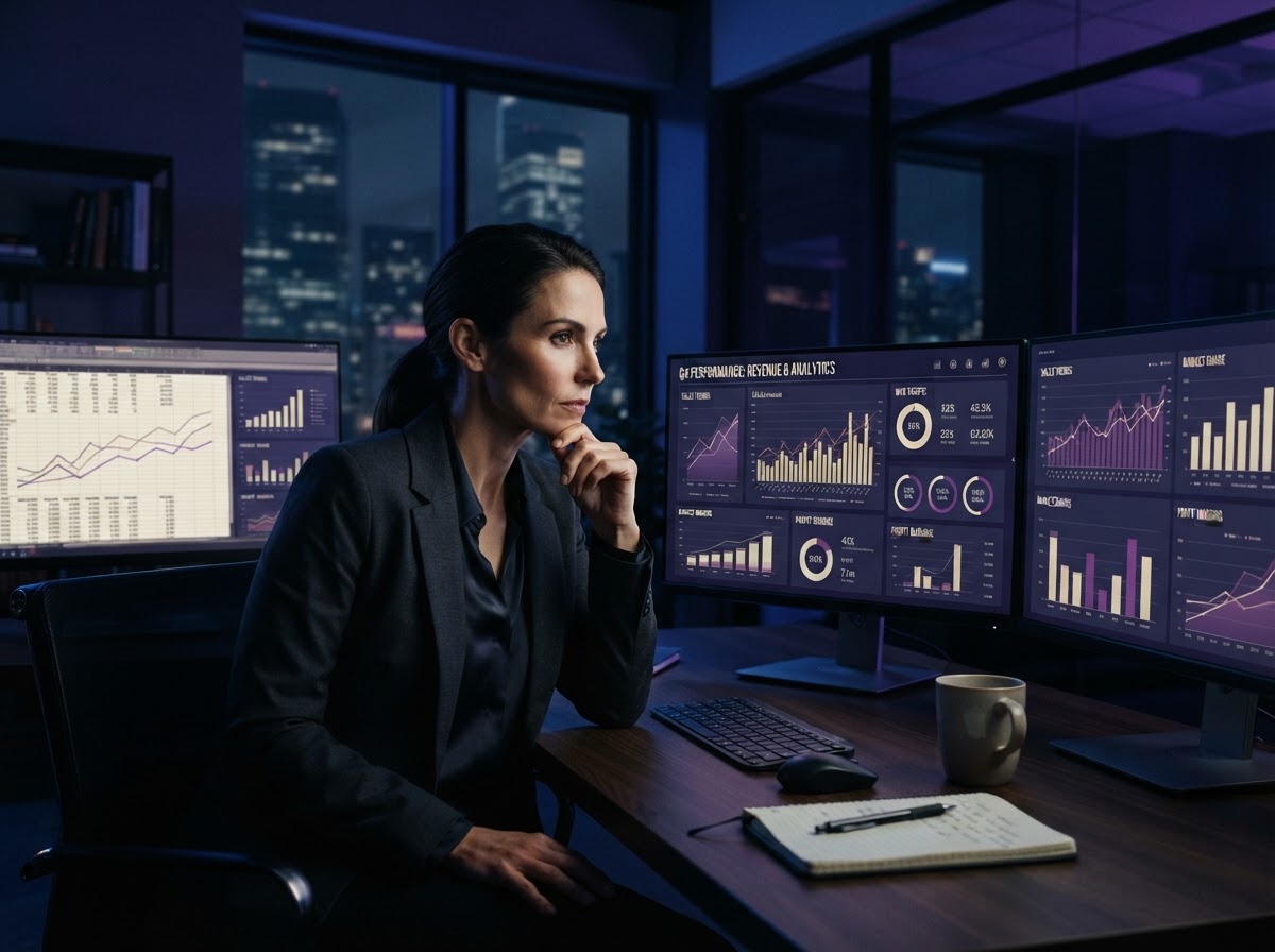 A business owner concentrating over spreadsheets and analytics dashboards late at night