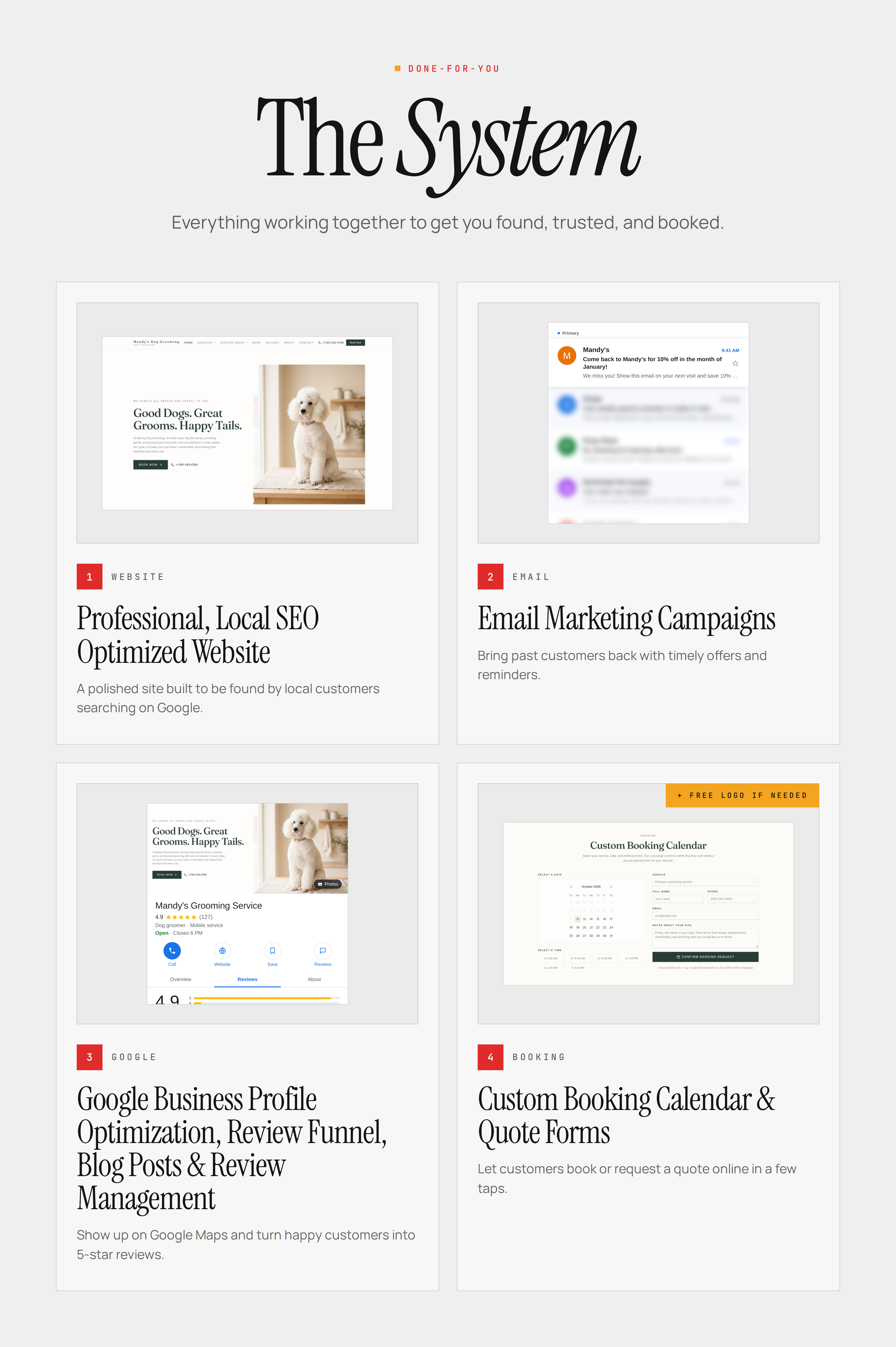 The System — Website, Email Marketing Campaigns, Google Business Profile Optimization, and Custom Booking Calendar & Quote Forms