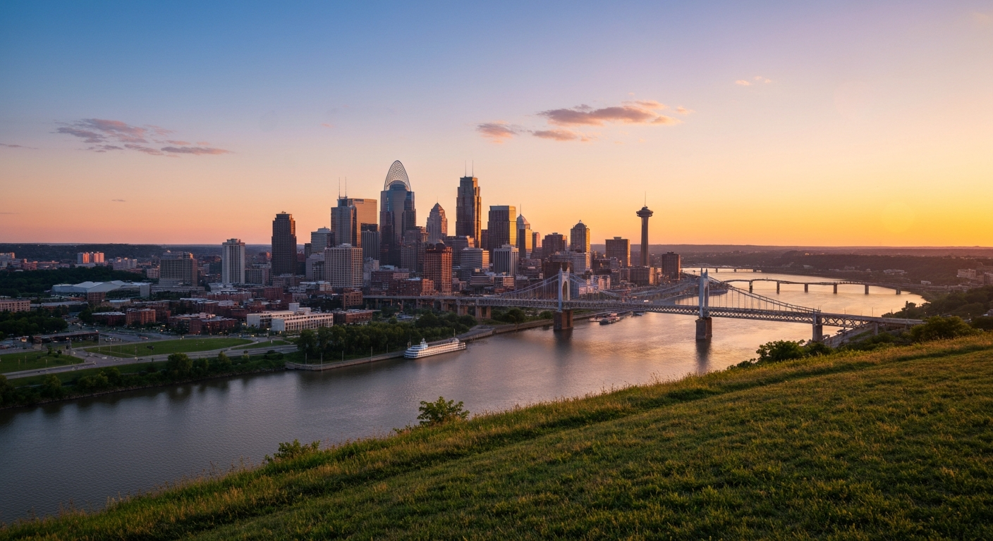 Breathtaking sunset view of the Cincinnati skyline from Devou Park