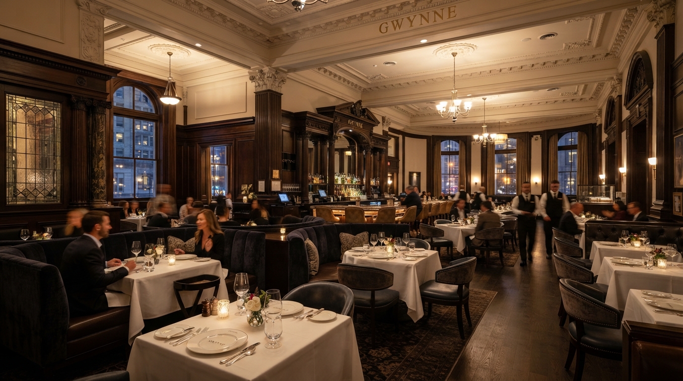 Elegant restaurant dining room with warm lighting and formally set tables