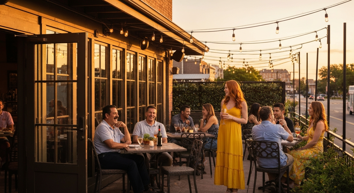 Beautiful outdoor restaurant patio at sunset with string lights
