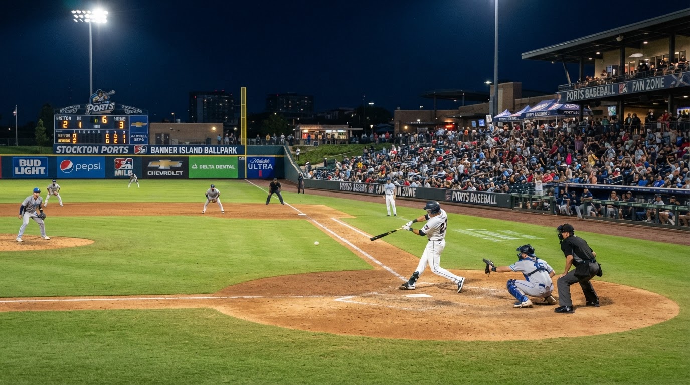 Minor league baseball stadium and grandstands illuminated by stadium lights at night