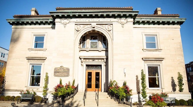 The historic Carnegie building facade with ornate stone entrance in Covington, Kentucky