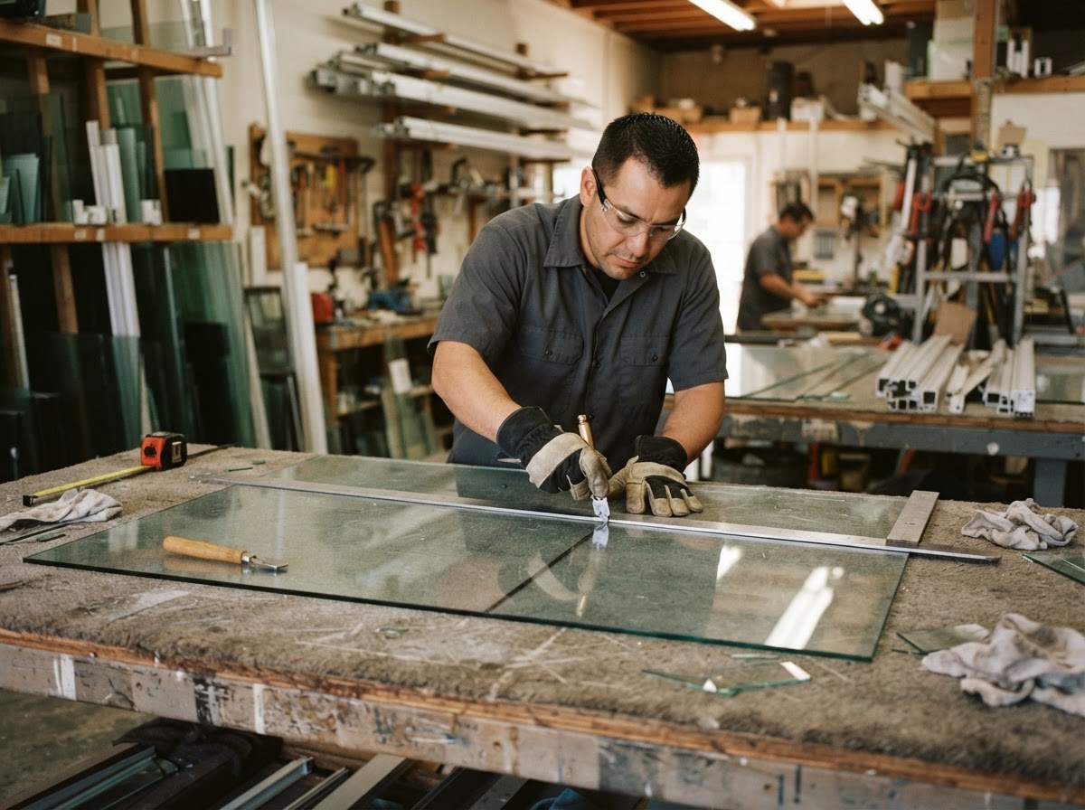 Glass technician at work at Crockett Rodeo Glass in Rodeo, CA
