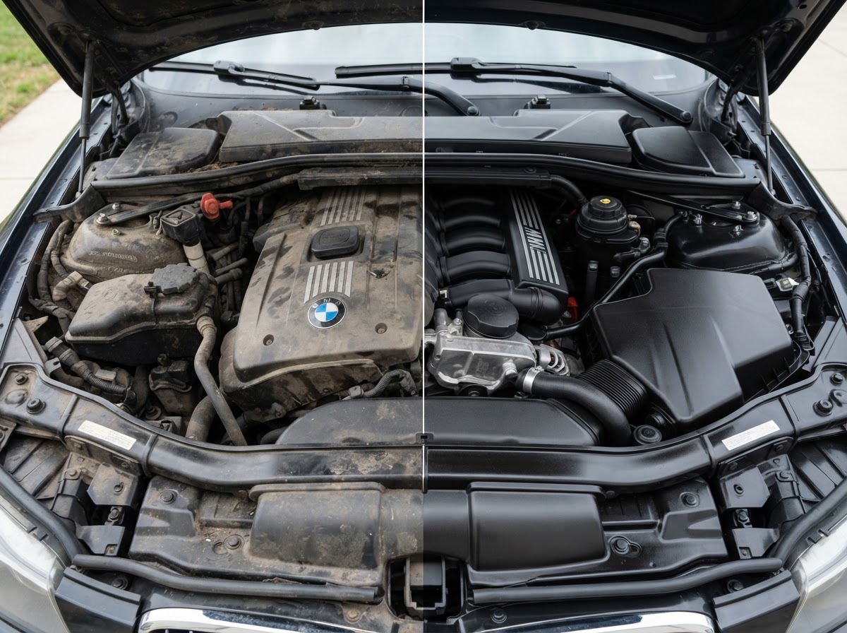 Before and after KlenCars Engine Bay Detail
