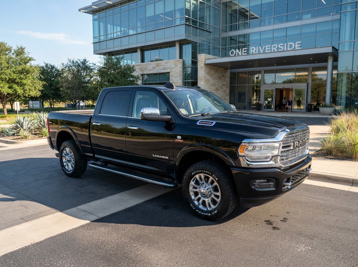 Clean full-size truck parked at a modern office building after a mobile detail
