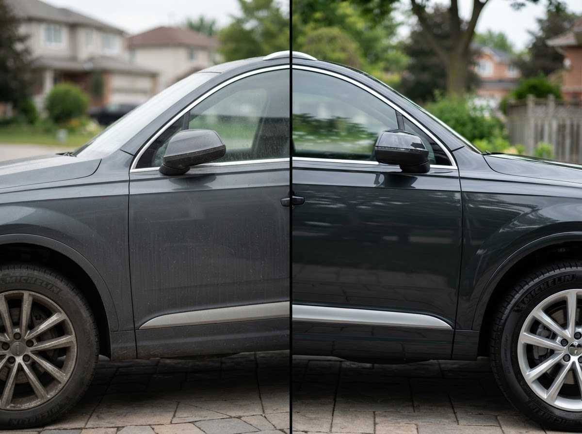 Before and after exterior hand wash and decontamination on a sedan