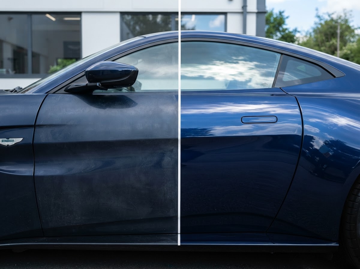 Before and after ceramic coating on a dark blue luxury car