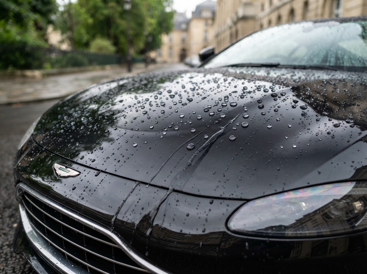 Ceramic-coated car hood with large water beads on deep glossy black paint