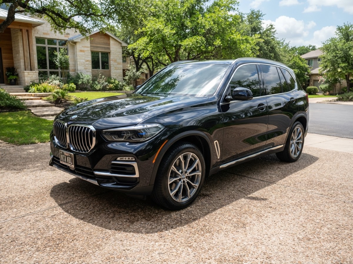 Dark luxury SUV parked in an Austin driveway after a full mobile detail, glossy paint
