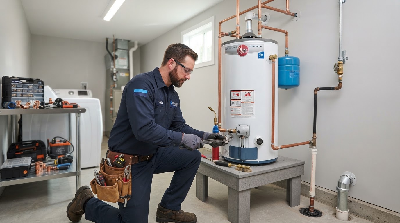 Licensed plumber installing a water heater in St. Louis