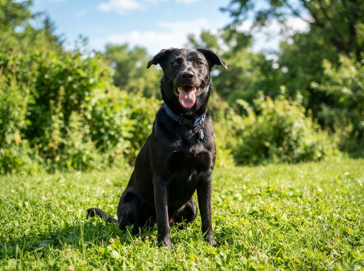 A happy black rescue dog outdoors in bright natural light