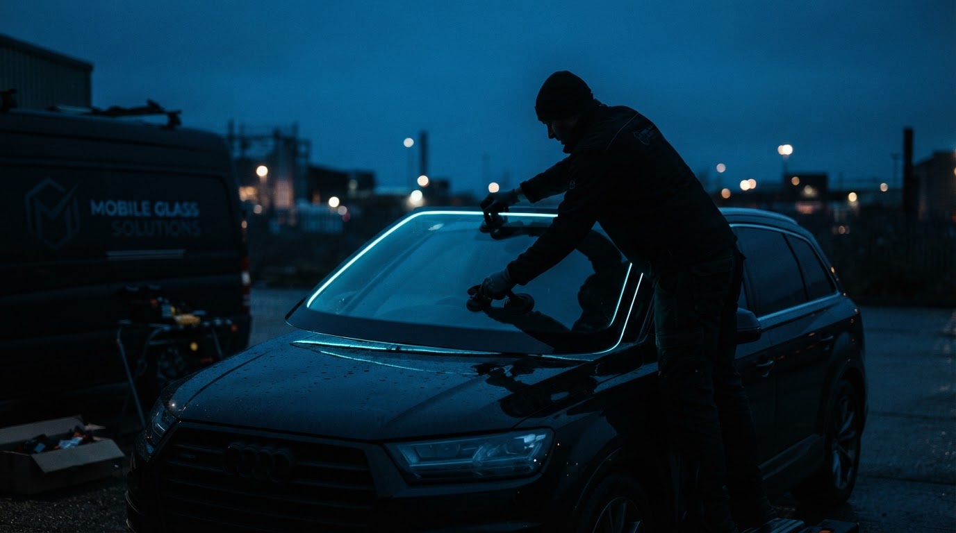 Auto glass technician installing a windshield at dusk