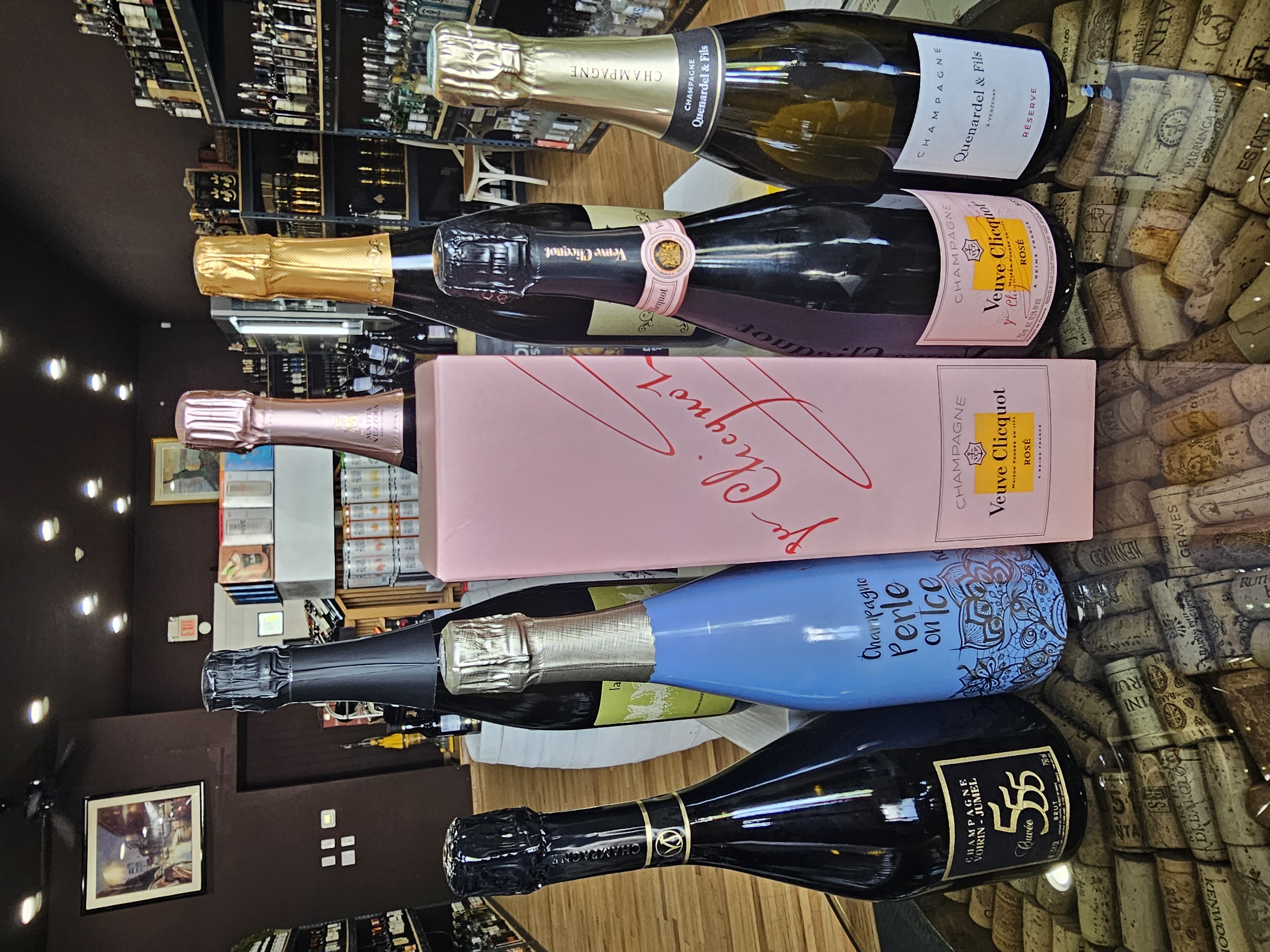 Veuve Clicquot and premium champagne bottles displayed at Tuckahoe Wine and Spirits in Tuckahoe NY