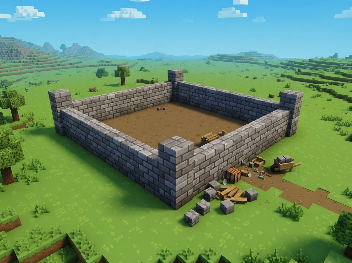 Castle — step 2: Build corner towers with battlements