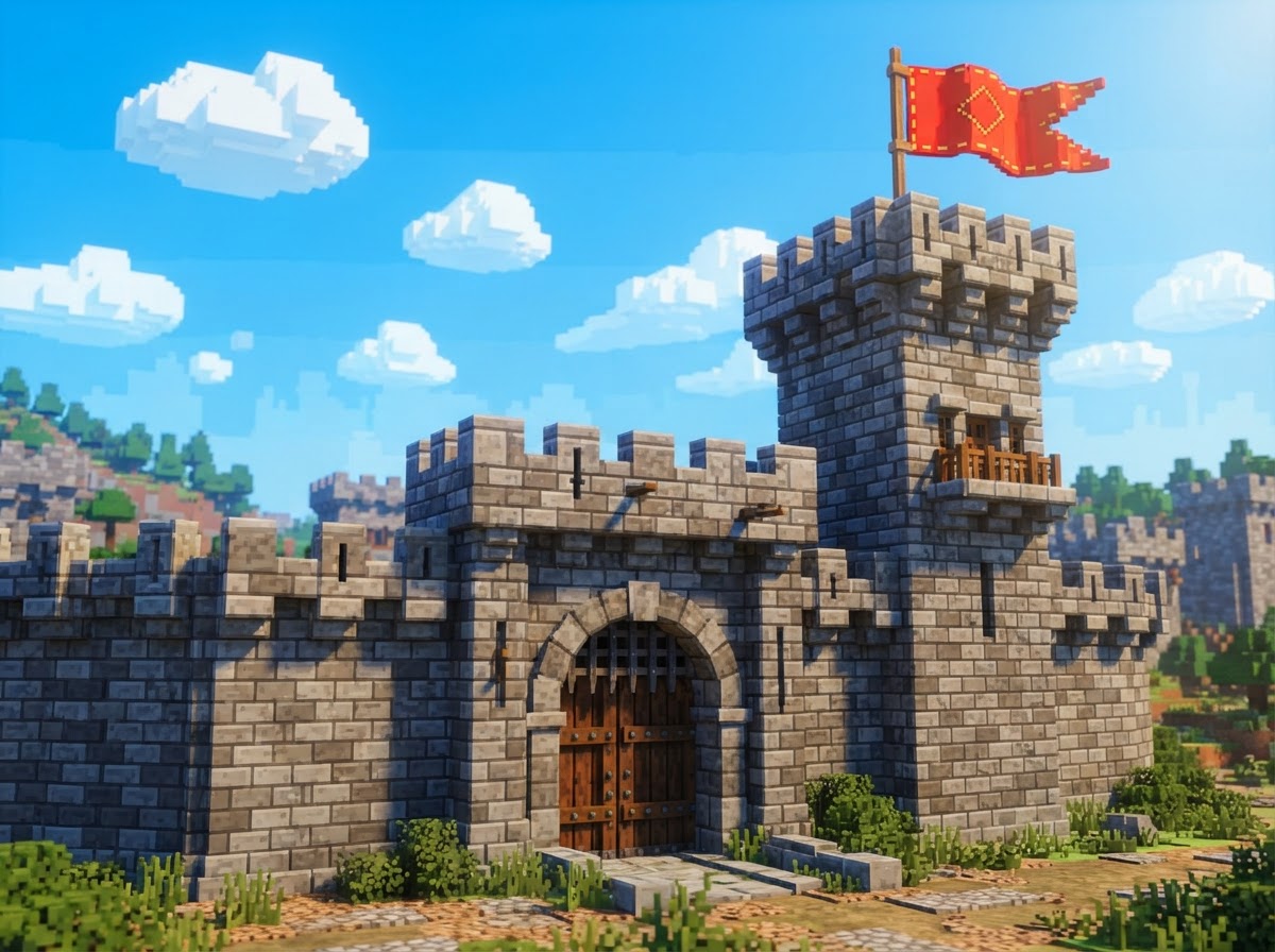 Castle — step 3: Add flags, lights & a courtyard