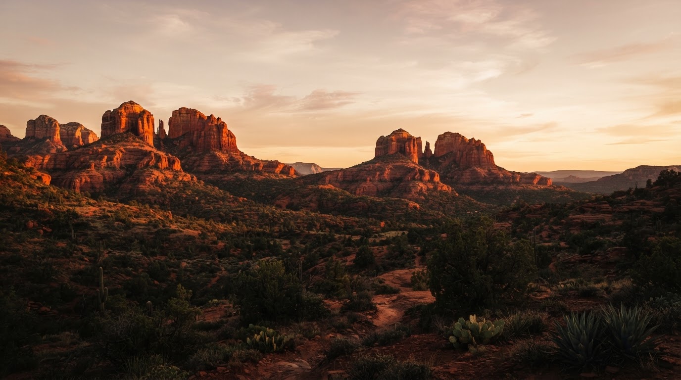 Cinematic Sedona red rock formations at golden hour