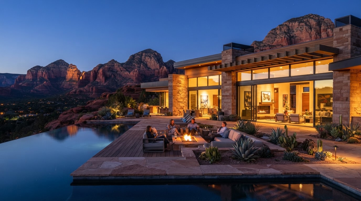 Luxury private Sedona residence at dusk