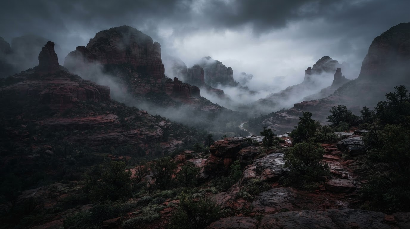 Mysterious misty Sedona red rock landscape