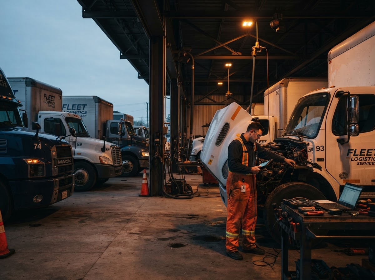Commercial fleet trucks lined up for maintenance at a Columbus Ohio service depot at dawn