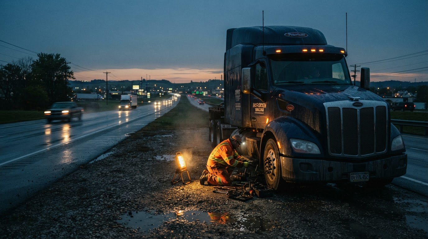 Mobile truck repair technician servicing a semi truck on the side of an Ohio highway at dusk