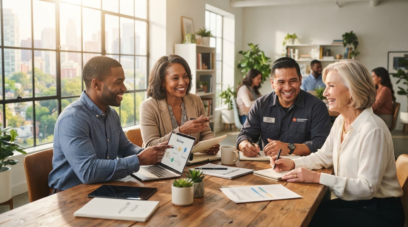 Diverse professionals collaborating and helping each other in a bright modern space