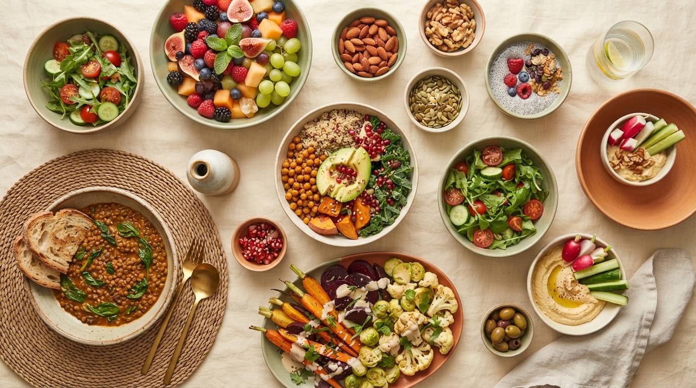 Colorful plant-based meals with roasted vegetables, grain bowls, chickpeas, fresh fruit, nuts and seeds