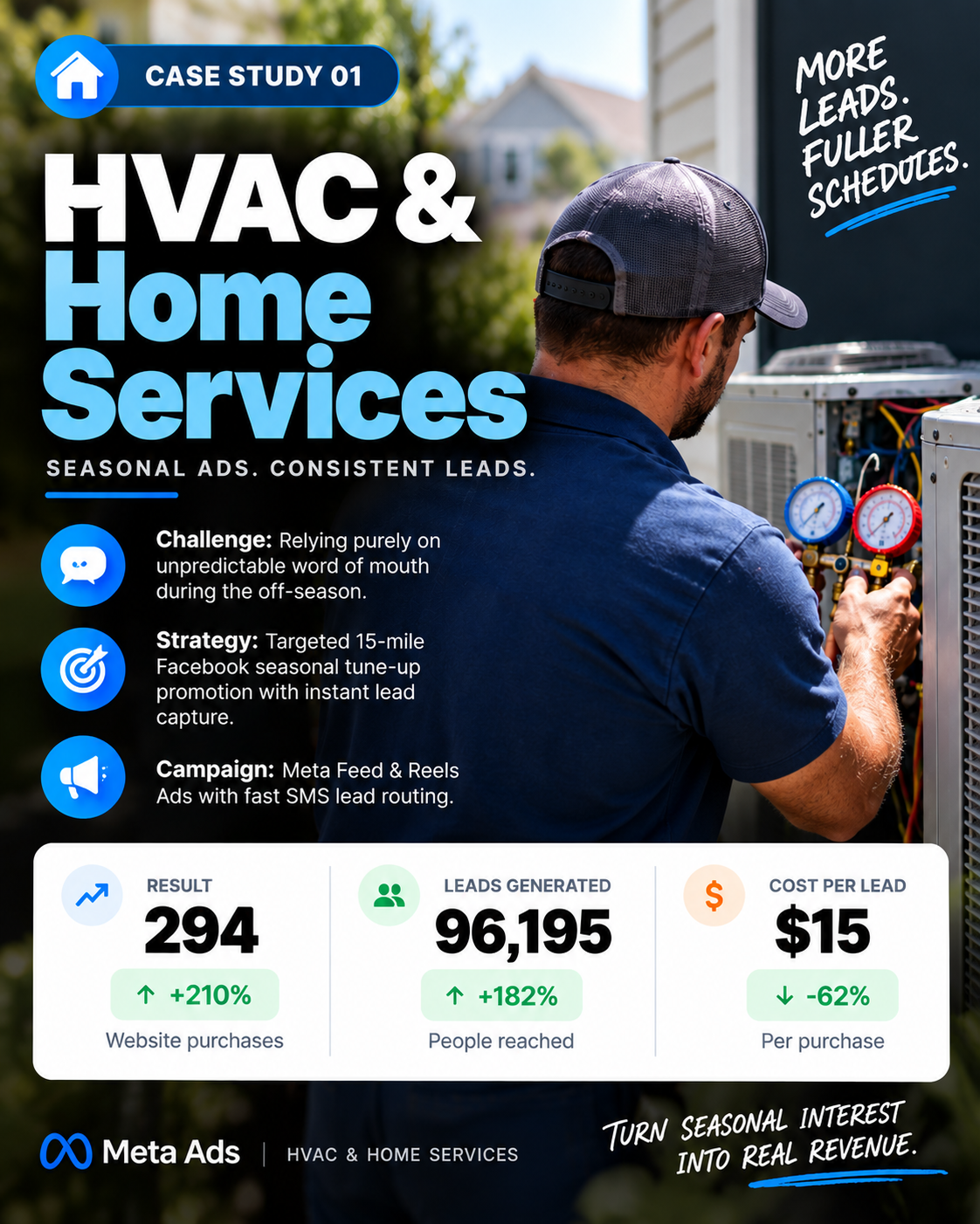 Case Study 01: HVAC & Home Services - 294 Website Purchases, 96k People Reached, $15 Cost Per Lead