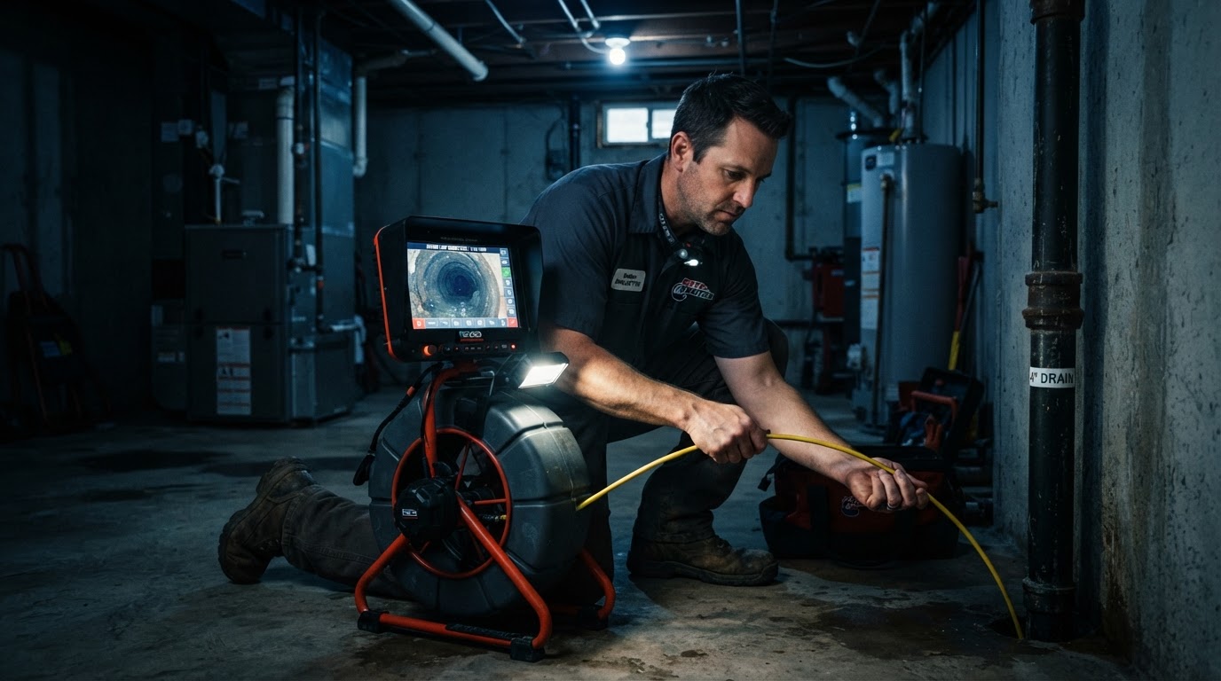 Licensed plumber performing a sewer camera inspection on a residential drain line