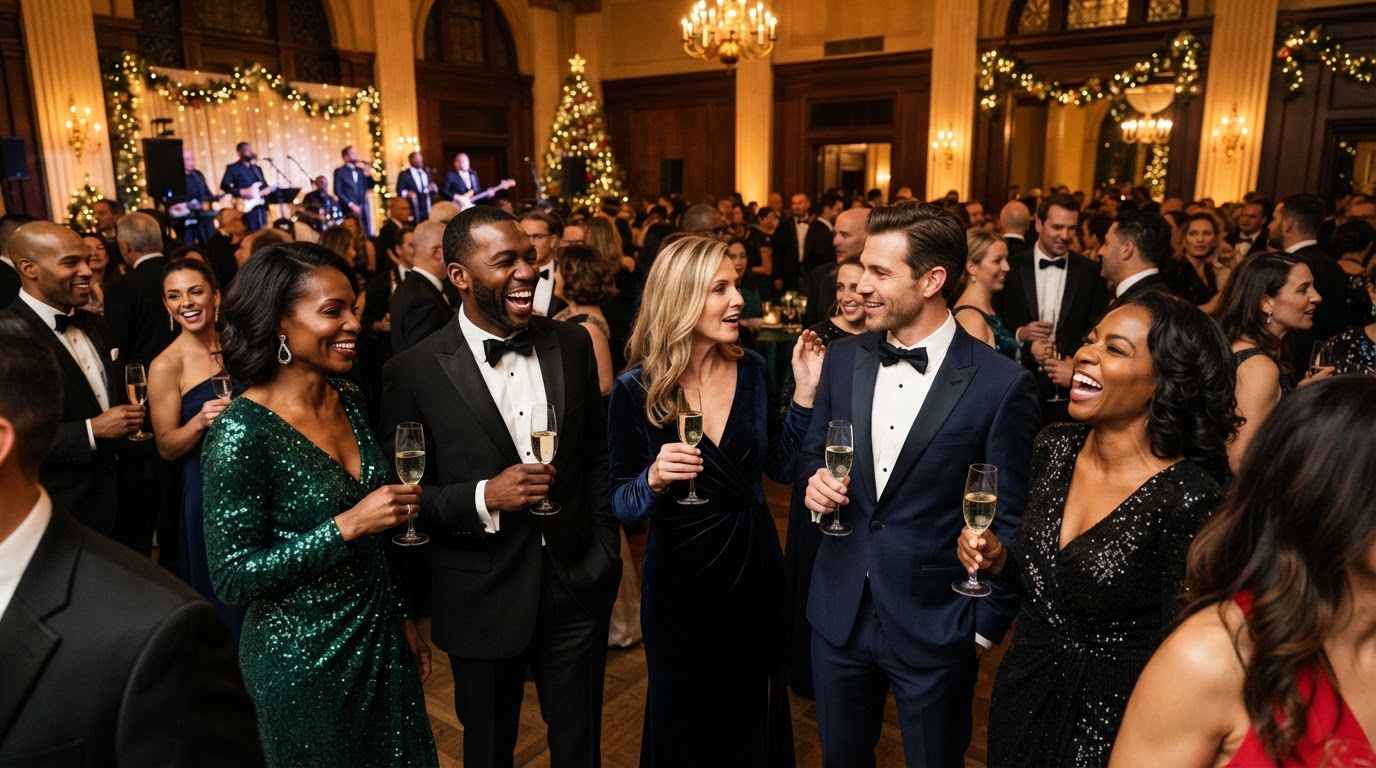 The Mayors' Holiday Gala — diverse guests celebrating community in formal black-tie attire