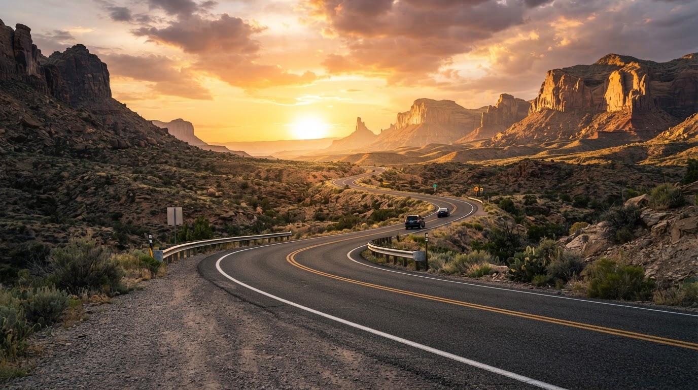 Winding mountain highway toward golden horizon