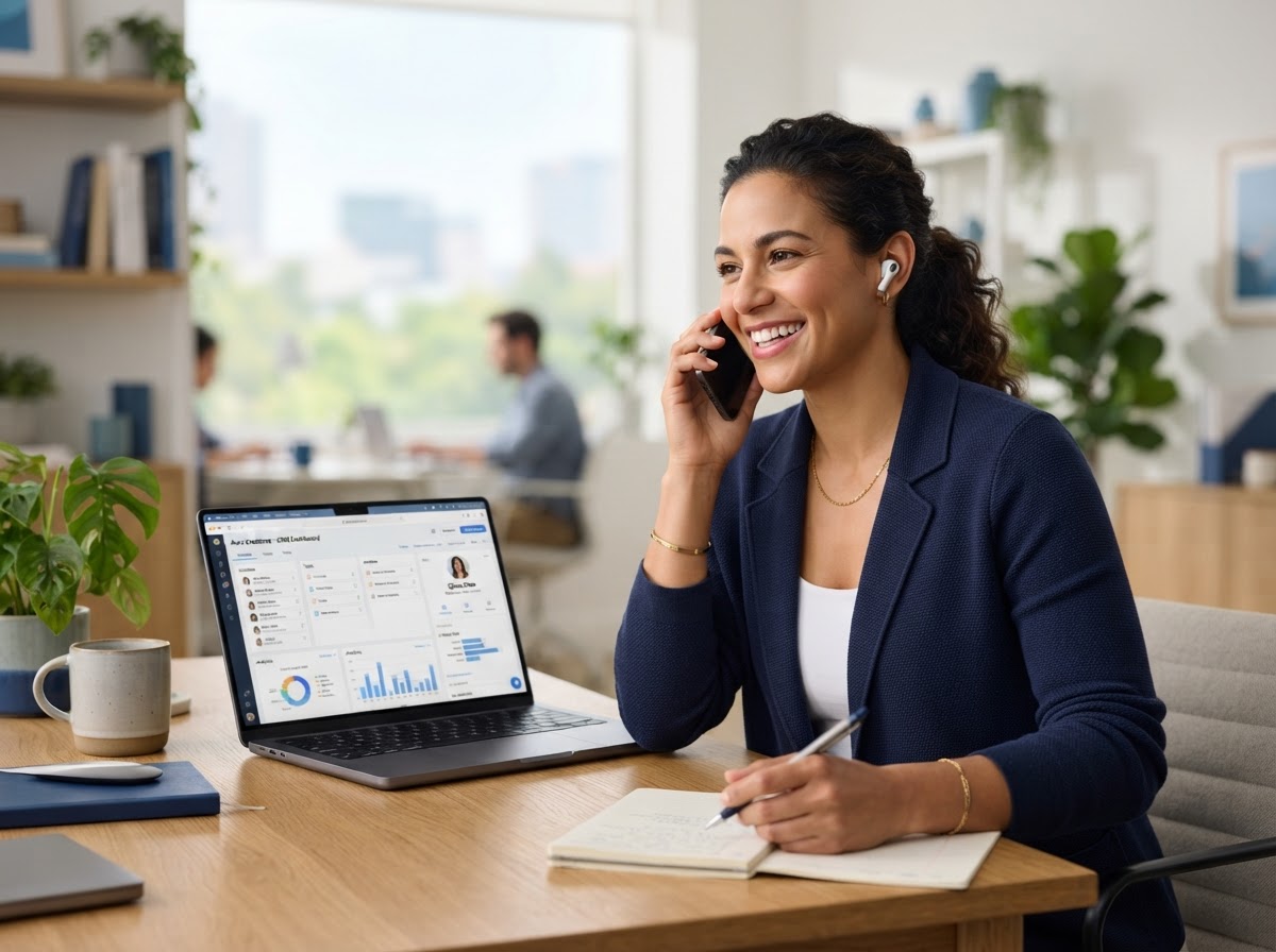 Business owner on a phone call with a CRM dashboard on screen