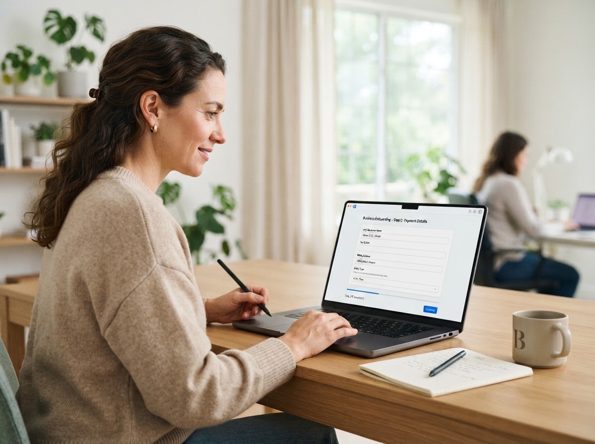 Business owner filling out an online form on a laptop