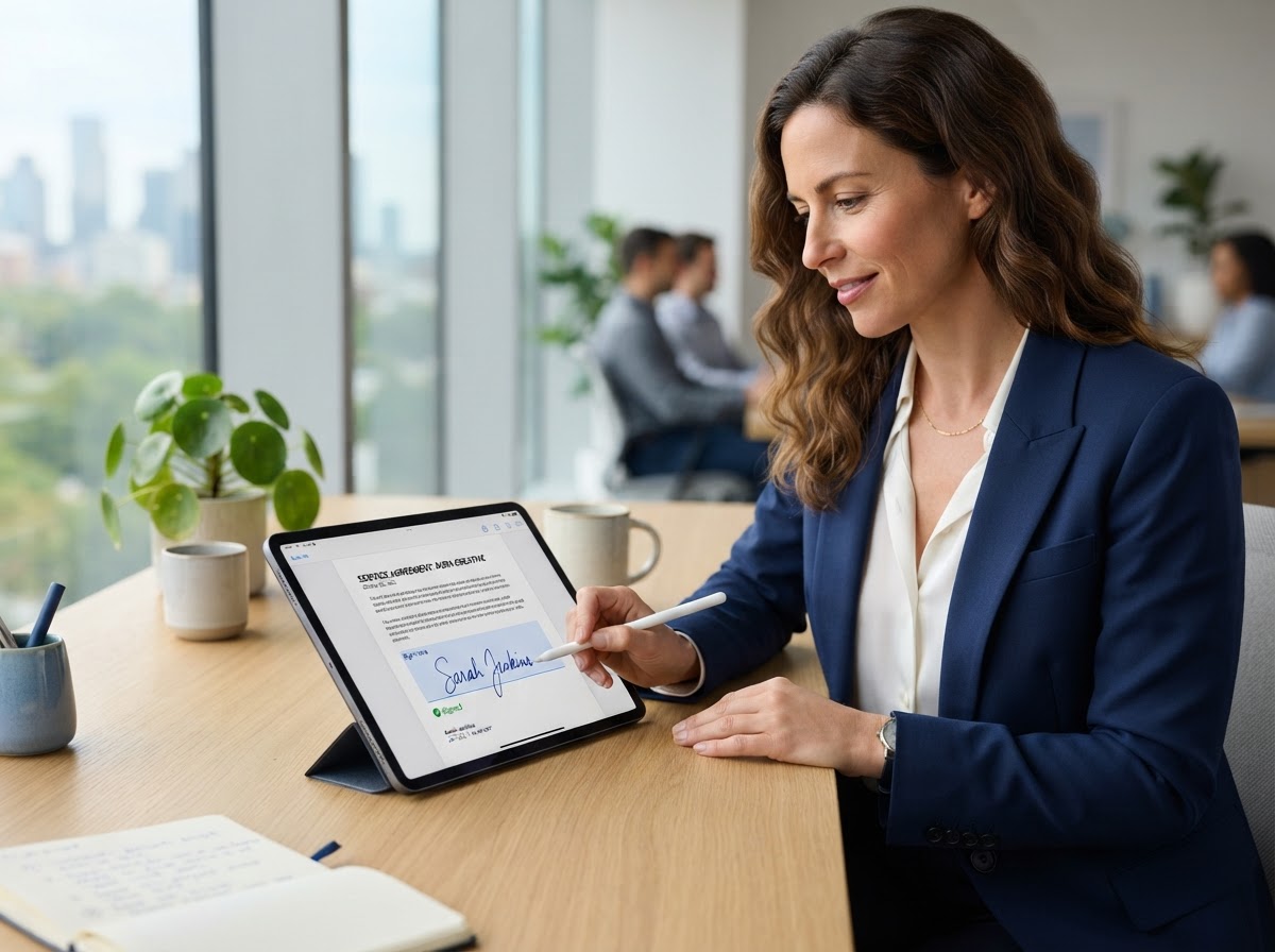 Business owner signing a digital contract on a tablet