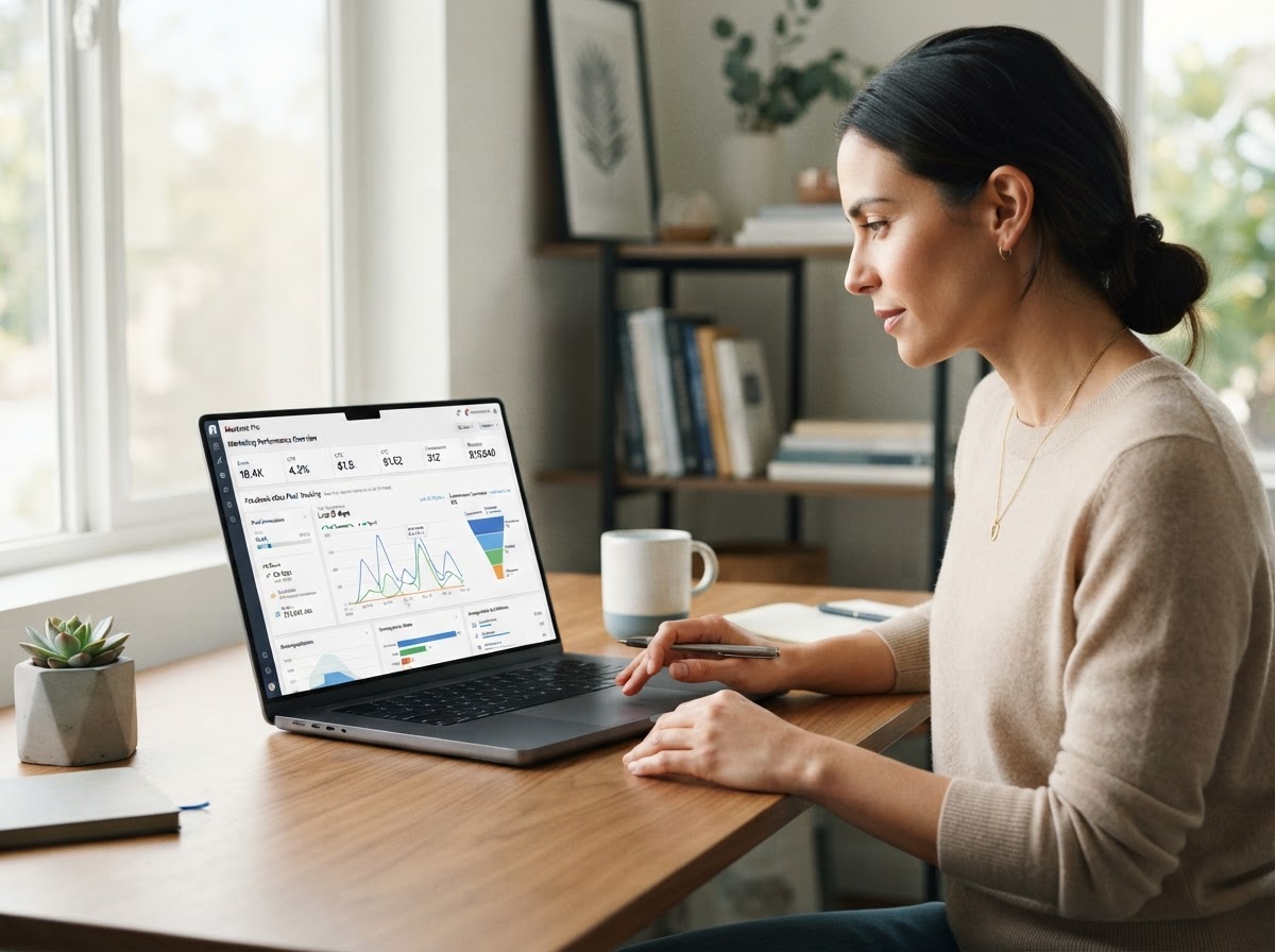 Business owner analyzing conversion analytics on a laptop